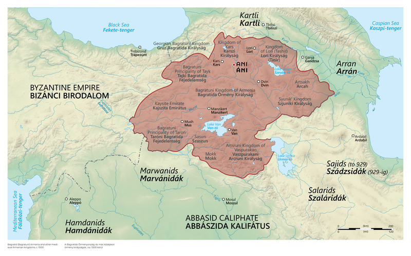 Historical map showing the Bagratid Armenian Kingdom, shaded dark red, and neighboring medieval states around the year 1000, with the city of Ani marked near the kingdom's center.