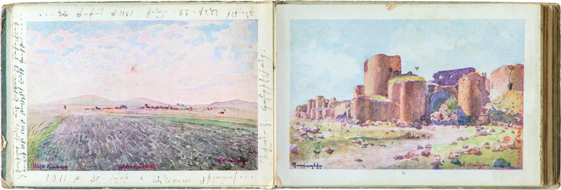 Arshak Fetvadjian, Ruins of Ani, pocket-size album of watercolor paintings, Vienna, 1910s, History Museum of Yerevan, 2025, photographed by Konrad Siekierski.