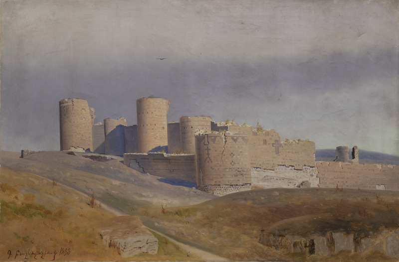 Gevorg Bashinjaghian (1857-1925) was born in the Georgian town of Sighnaghi in the Kakheti province. From 1878 to 1883, he studied at the Imperial Academy of Arts in St. Petersburg. Bashinjaghian traveled extensively in the Caucasus and Europe, settled in Tiflis and exhibited work across the Russian Empire. From 1899 to 1901, he lived in Paris, where he continued painting. Bashinjaghian began working on a series of works depicting the ruins of Ani towards the end of the 19th century.