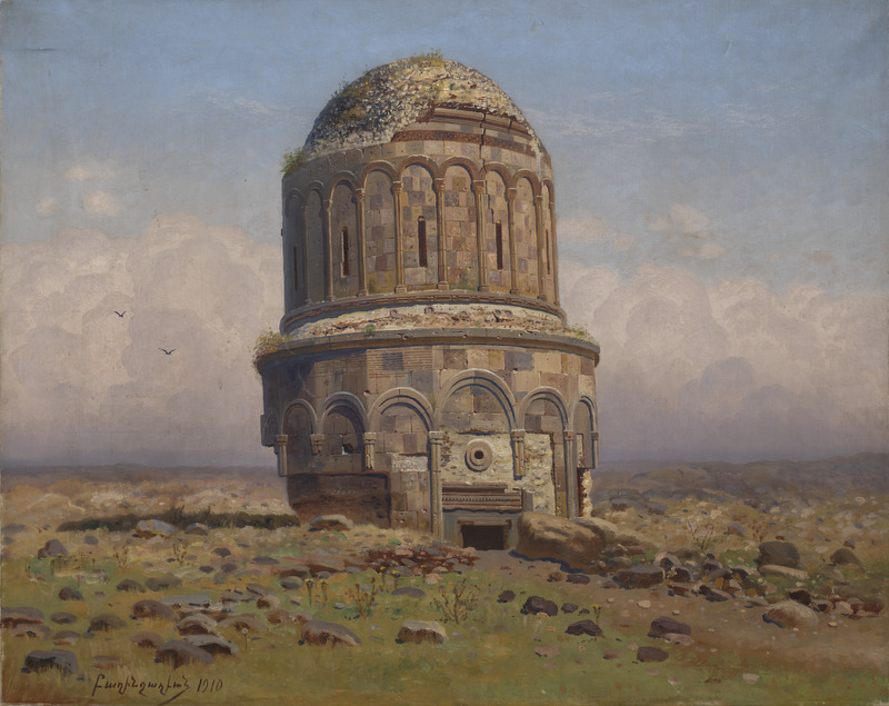 The Holy Savior Church from the southwest, 1910, Gevorg Bashinjaghian, History Museum of Armenia, Yerevan. The church was built by lord Ablgharib Pahlavuni to safekeep a relic from the Holy Cross acquired during his visit to Constantinople. The construction of the church was completed in 1035-1036. The dome was reconstructed in 1192 and repaired in 1342. The eastern half of the church was destroyed by a strom in 1957.