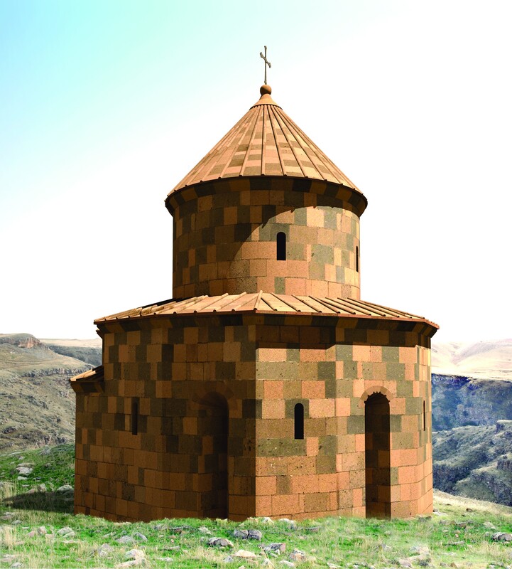 Hexagonal (Multi-Apse) Church (10-11th centuries), on the elevated southern tip of the citadel rock, reconstruction, Research on Armenian Architecture Foundation.