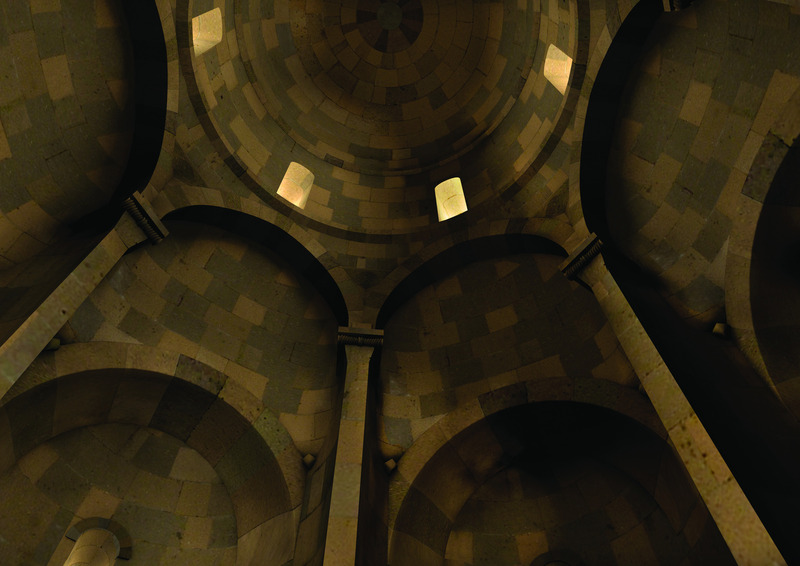 The interior of the Hexagonal (Multi-Apse) Church (10-11th centuries), reconstruction, Research on Armenian Architecture Foundation.