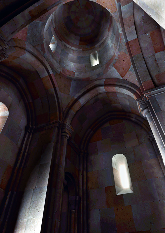 The interior of the domed church of the citadel (10-11th centuries), reconstruction, Research on Armenian Architecture Foundation.