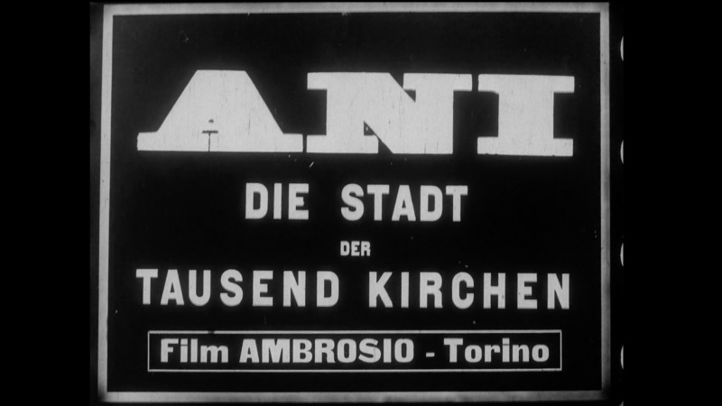 <em>Ani, La Città dalle Mille Chiese</em> (Ani, The City of Thousand Churches, 4:55 min, 1911) is to our knowledge the first film shot in the ruined capital. It was directed by the Italian Giovanni Vitrotti (1882-1966) and produced by the Società Anonima Ambrosio in Turin. Remarkable for its sharp quality and staging, with shots of men meandering in and posing with the ruins, this silent film was part of a travelogue series and is an example of the intertwining of commercial interest and Orientalist fascination with the emerging film-form.