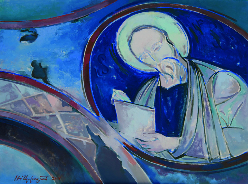 Robert Ayvazyan, From the murals of the Ani Cathedral also known as the Church of the Holy Mother of God or Surp Astvatsatsin 2, Oil on canvas, 70 × 80 cm, 2011.