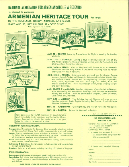 The flyer of a NAASR Armenian Heritage Tour for 1968, which did not take place, National Association For Armenian Studies and Research (NAASR), Boston.