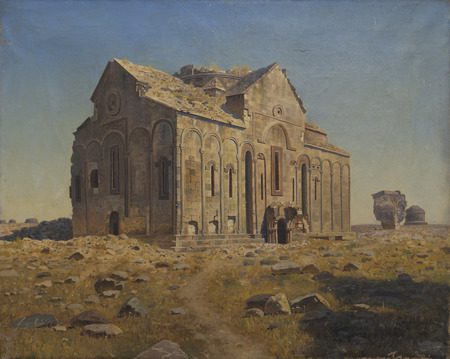 The Ani Cathedral from the southwest, the ruins of the Chapel of St. Hripsime Virgins, the Holy Savior Church, Gevorg Bashinjaghian, History Museum of Armenia, Yerevan. The construction of the Ani Cathedral began during the reign of King Smbat II (r. 977-989) around 985-989 and was completed in 992-1001 by Queen Katramide, the wife of King Gagik I. The architect was Trdat, who also built the Church of St. Gregory (Gagkashen) in Ani and repaired Hagia Sophia in Constantinople. During the 1010s, next to the Ani Cathedral, Sargis I of Sevan (992-1019) built the Chapel-martyrium of the St. Hripsime Virgins.