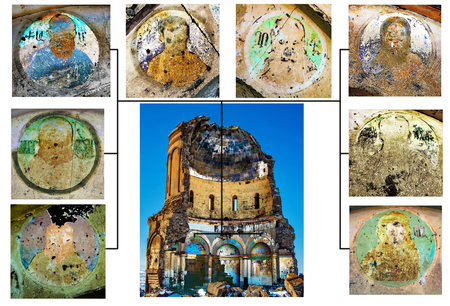 The Church of the Holy Savior, with the locations of murals on the quarter dome drum and walls, 2021, photographs and collage by Vedat Akçayöz.