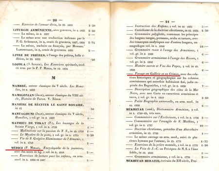List of publications by F. Minas Bzhshkeants’ (Médici) in the 1858 catalogue of the Mekhitarist press of the island of San Lazzaro, Venice.