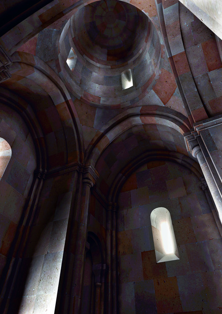 The interior of the domed church of the citadel (10-11th centuries), reconstruction, Research on Armenian Architecture Foundation.